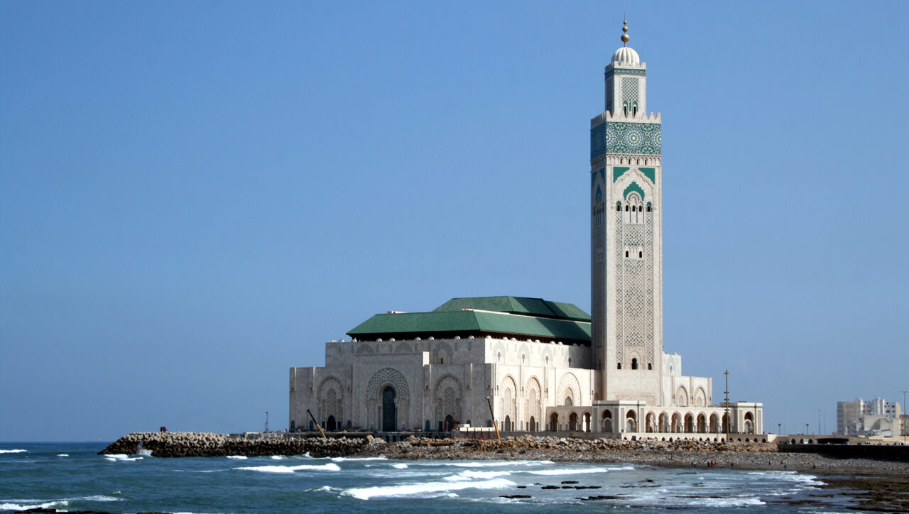 The majestic Hassan II Mosque in Casablanca, Morocco imperial cities & Sahara.