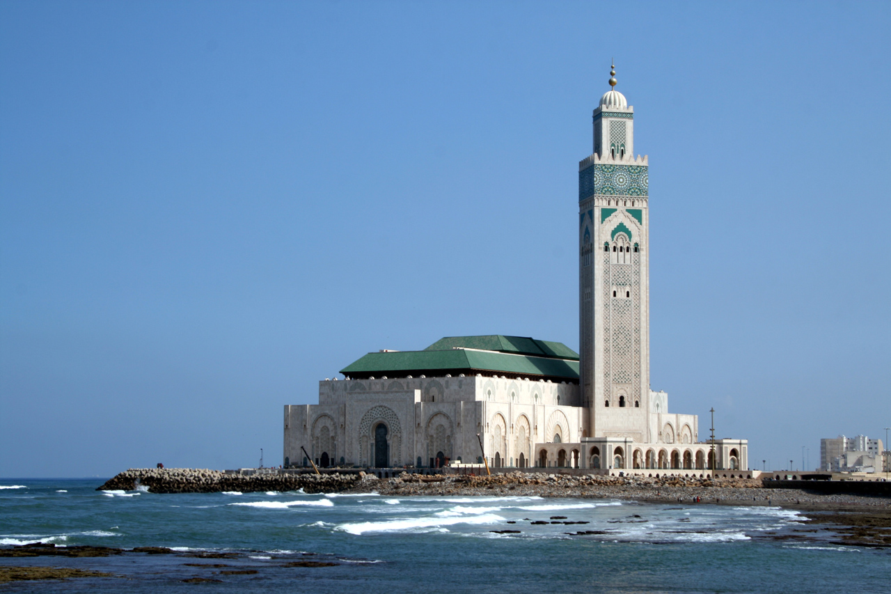 The majestic Hassan II Mosque in Casablanca, Morocco imperial cities & Sahara.