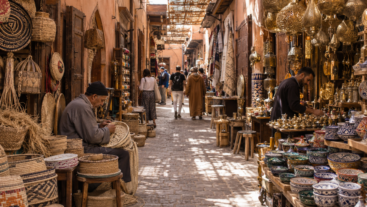 Artisan stalls with baskets, lanterns and ceramics in a Marrakech souk