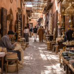 Artisan stalls with baskets, lanterns and ceramics in a Marrakech souk