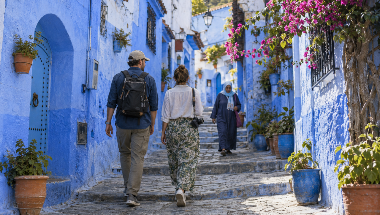 Tourists visiting Chefchaouen Morocco during pleasant spring weather.