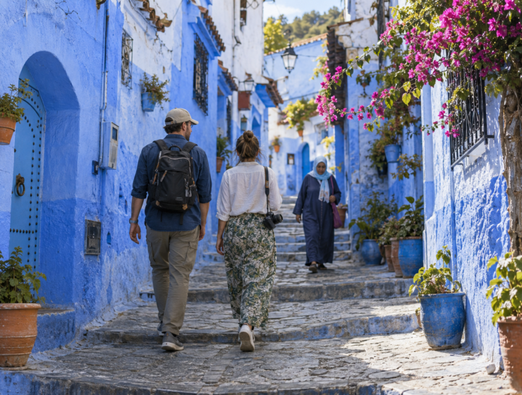 Tourists visiting Chefchaouen Morocco during pleasant spring weather.