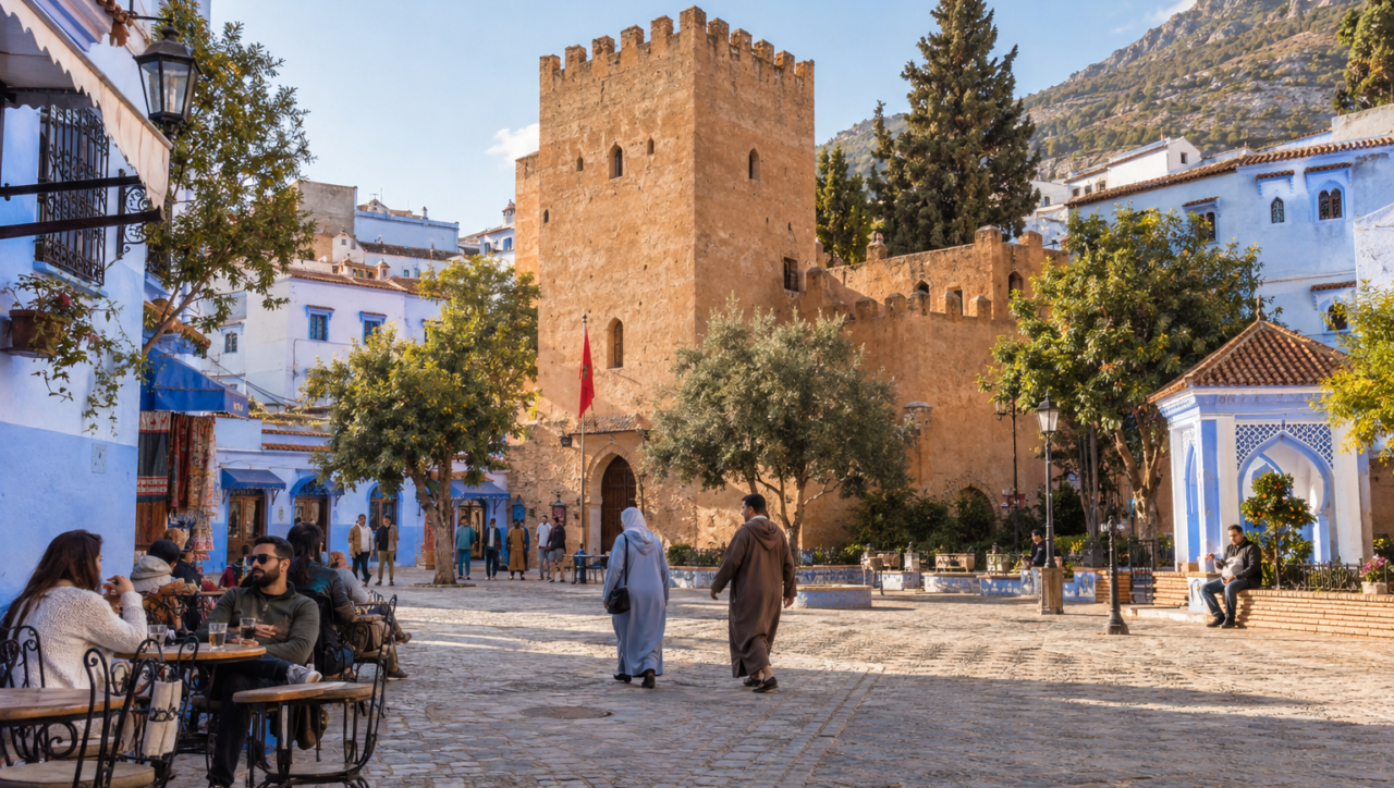 Chefchaouen’s historic square and kasbah surrounded by blue buildings