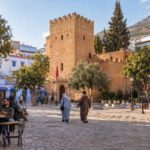 Chefchaouen’s historic square and kasbah surrounded by blue buildings