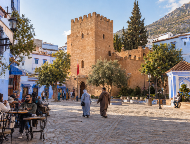 Chefchaouen’s historic square and kasbah surrounded by blue buildings
