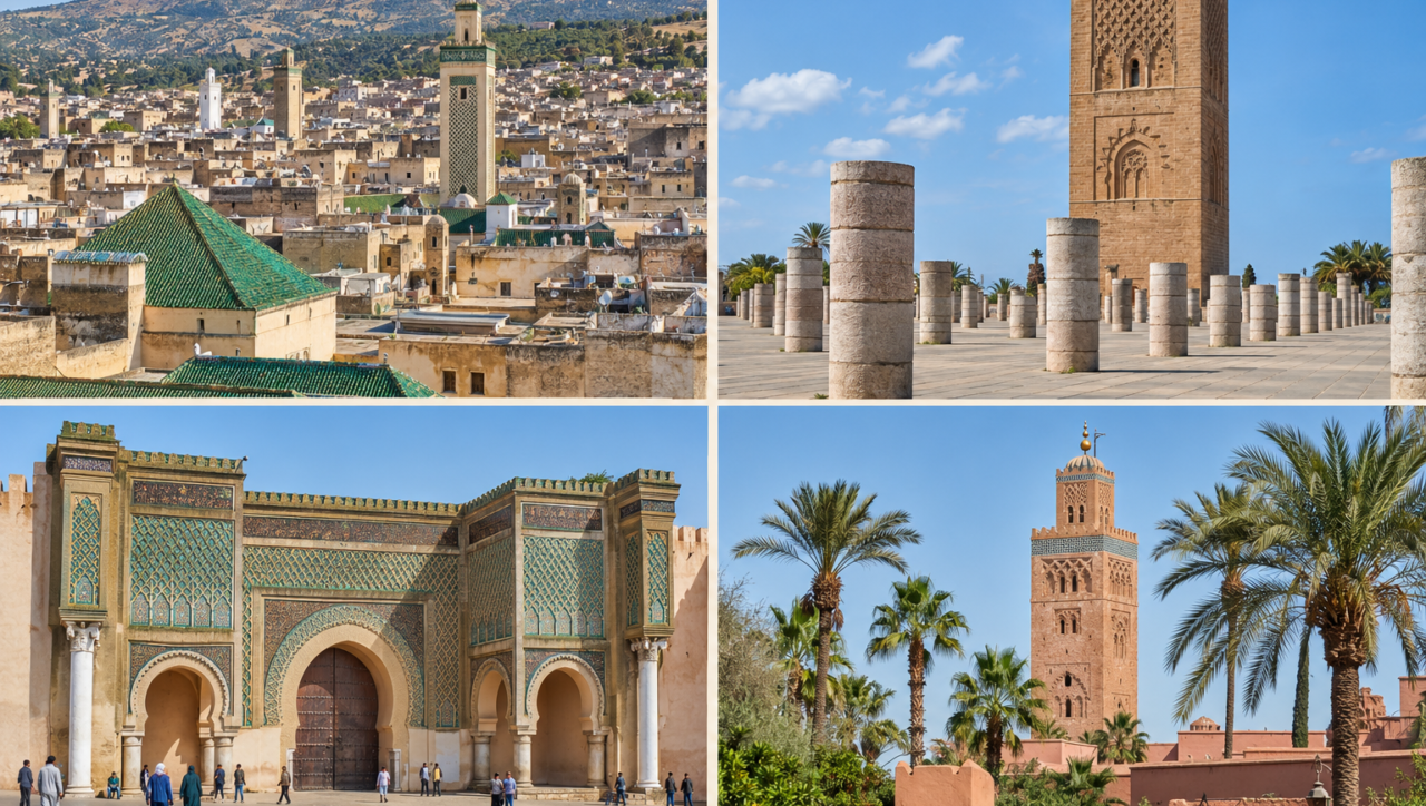 Collage of Morocco’s imperial cities Fez, Rabat, Meknes and Marrakech
