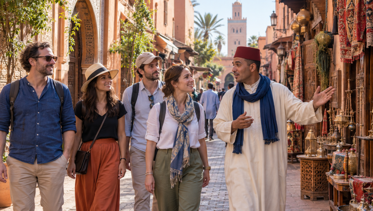 Tourists exploring Marrakech safely with a local Moroccan guide.