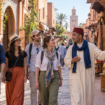 Tourists exploring Marrakech safely with a local Moroccan guide.