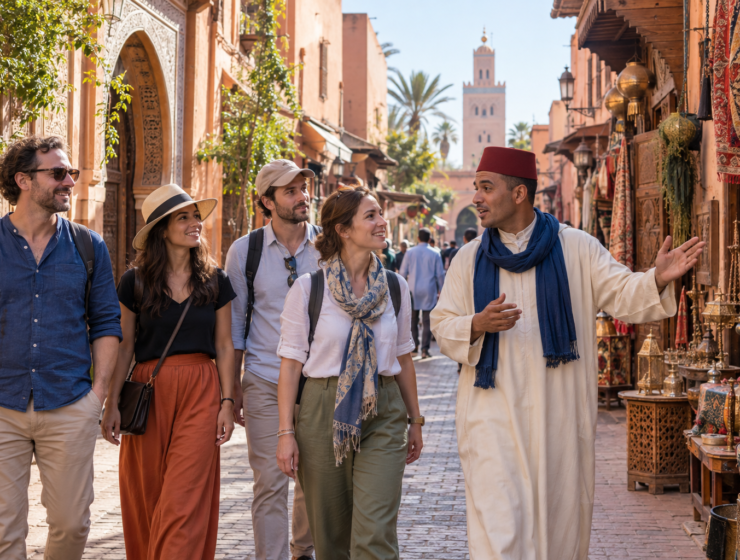 Tourists exploring Marrakech safely with a local Moroccan guide.