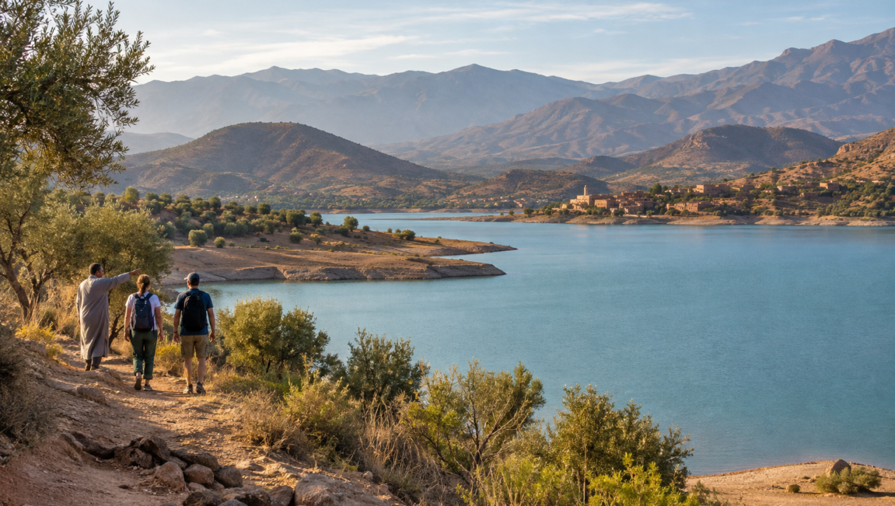 Lalla Takerkoust Lake and Atlas Mountains near Marrakech.