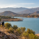 Lalla Takerkoust Lake and Atlas Mountains near Marrakech.