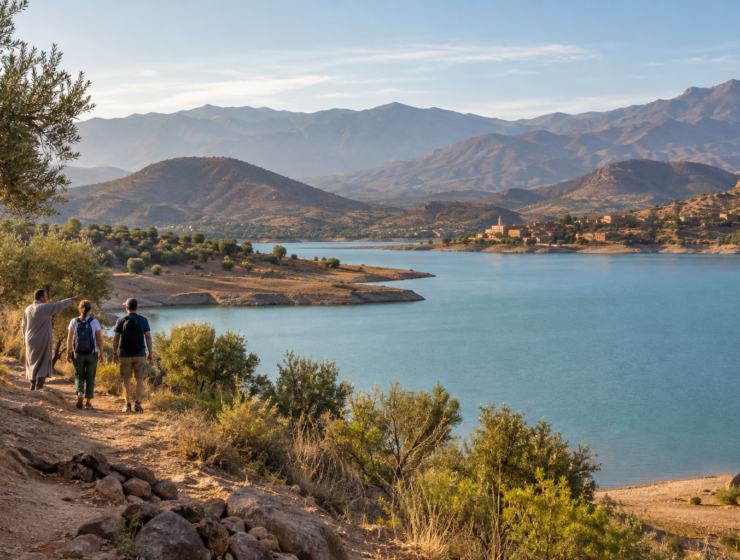 Lalla Takerkoust Lake and Atlas Mountains near Marrakech.