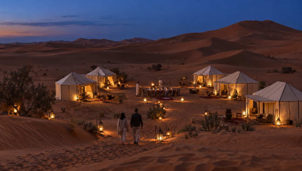 Luxury Sahara desert camp in Merzouga at blue hour.