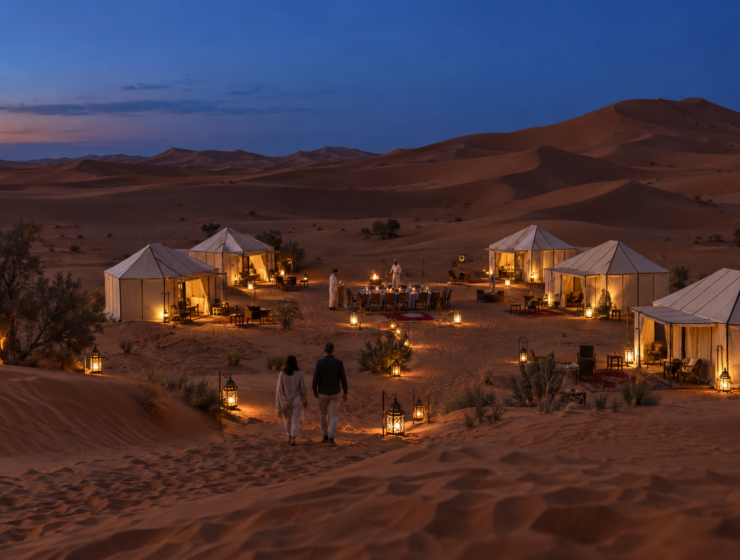 Luxury Sahara desert camp in Merzouga at blue hour.