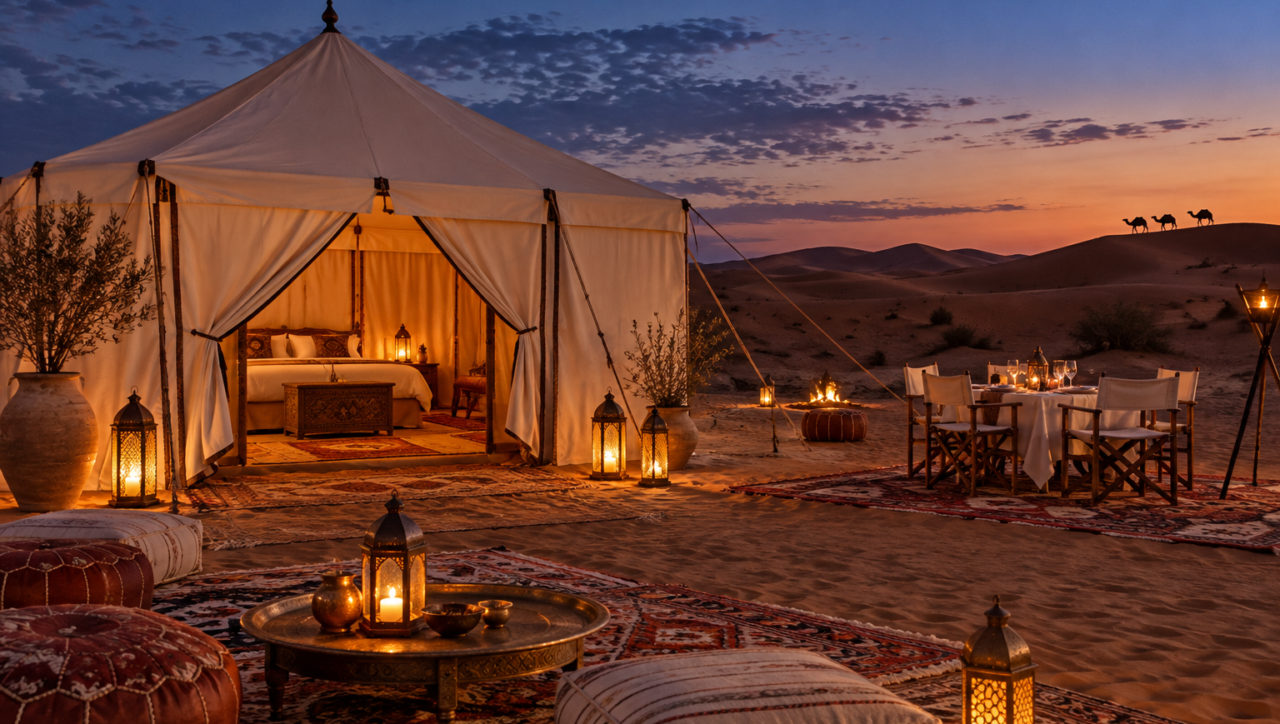 Luxury desert camp in Morocco at sunset.