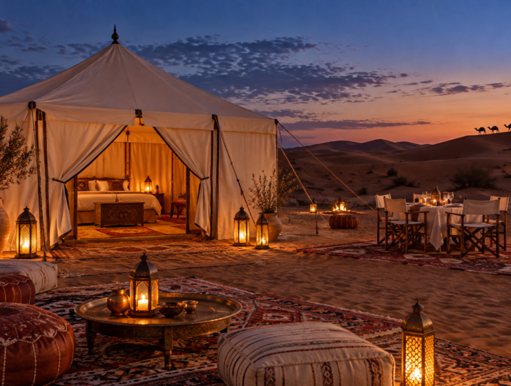 Luxury desert camp in Morocco at sunset.