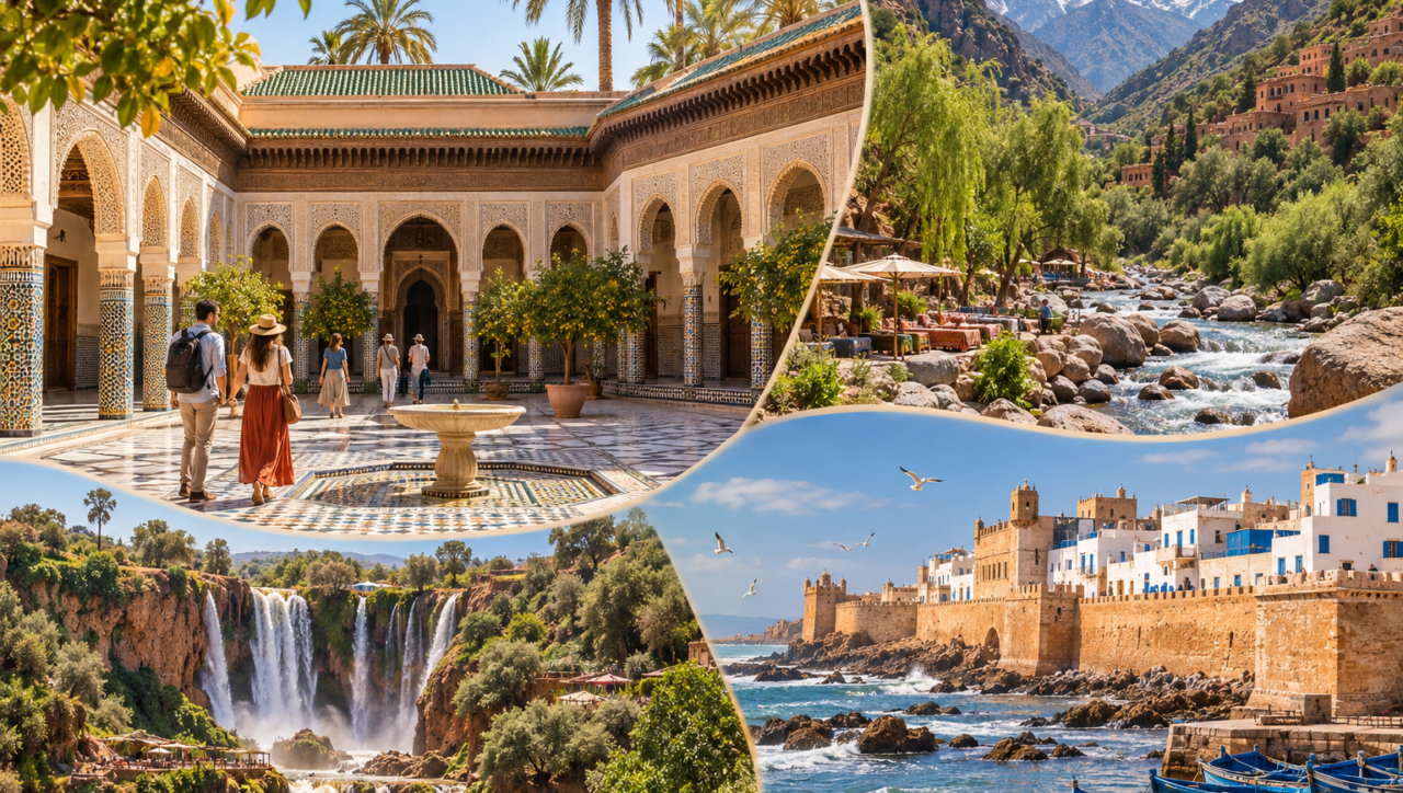 Marrakech city tour with Ourika Valley Ouzoud and Essaouira day trips.