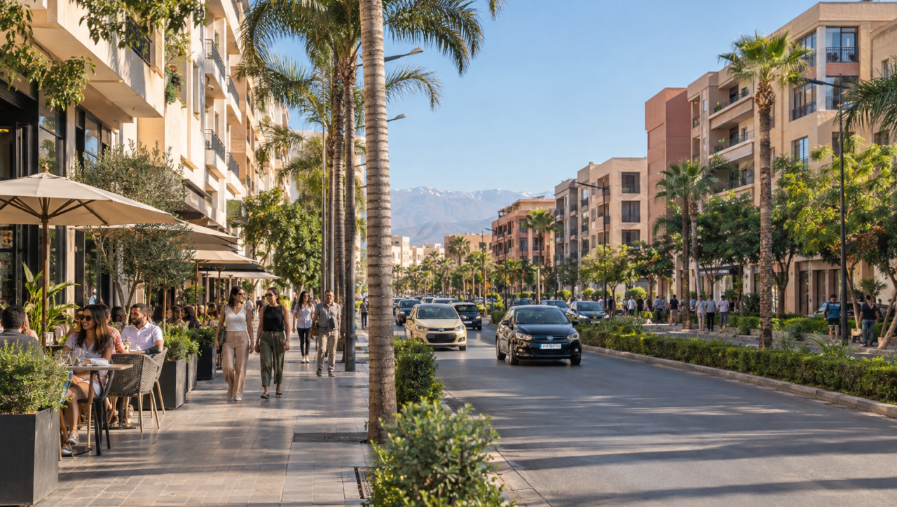 Modern Marrakech boulevard with cafés and palm-lined sidewalks
