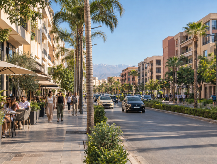 Modern Marrakech boulevard with cafés and palm-lined sidewalks