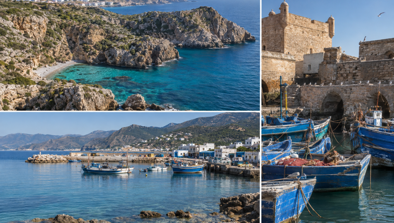 Morocco coastal tours featuring Mediterranean coves and an Atlantic fishing harbor