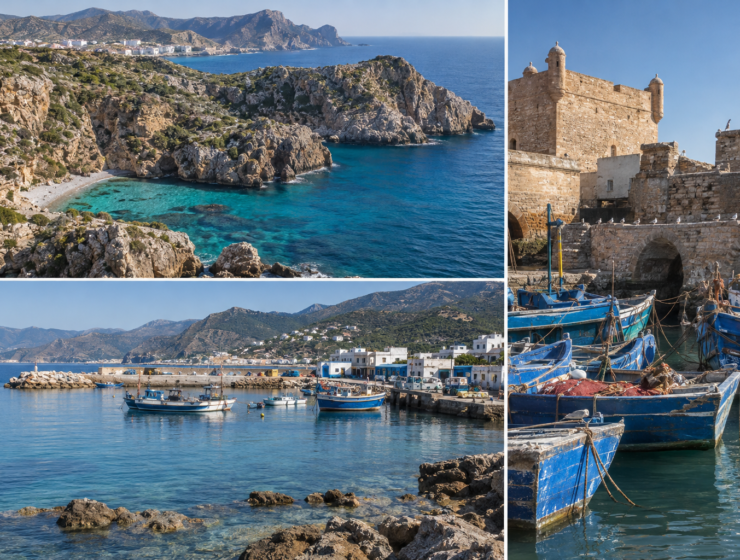 Morocco coastal tours featuring Mediterranean coves and an Atlantic fishing harbor