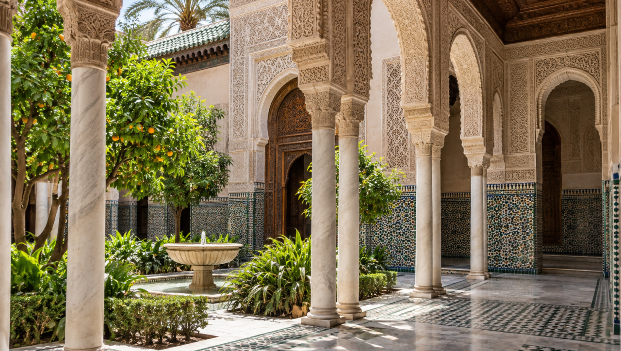 Saadian-era architecture in Marrakech, with carved arches, marble columns and zellige tiles