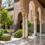 Saadian-era architecture in Marrakech, with carved arches, marble columns and zellige tiles
