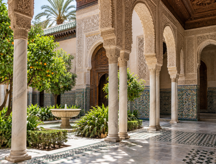 Saadian-era architecture in Marrakech, with carved arches, marble columns and zellige tiles