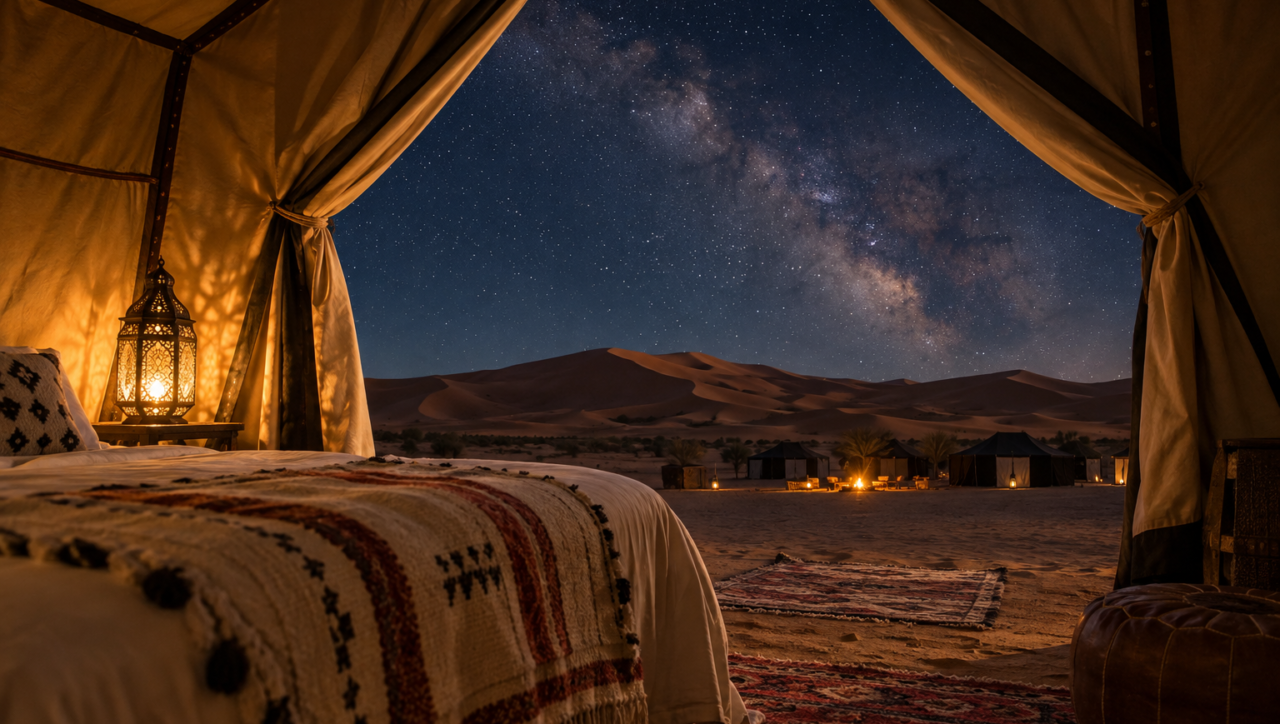 Sleeping in a Sahara desert camp under the stars in Morocco.