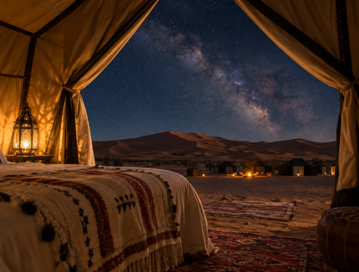 Sleeping in a Sahara desert camp under the stars in Morocco.