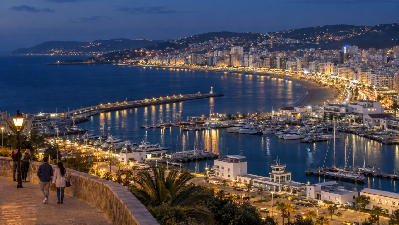 Tangier Morocco marina and bay illuminated at night.