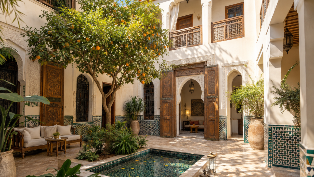 Traditional Marrakech riad courtyard with an orange tree and tiled basin