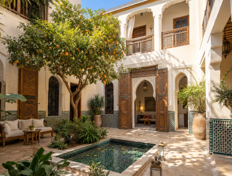 Traditional Marrakech riad courtyard with an orange tree and tiled basin