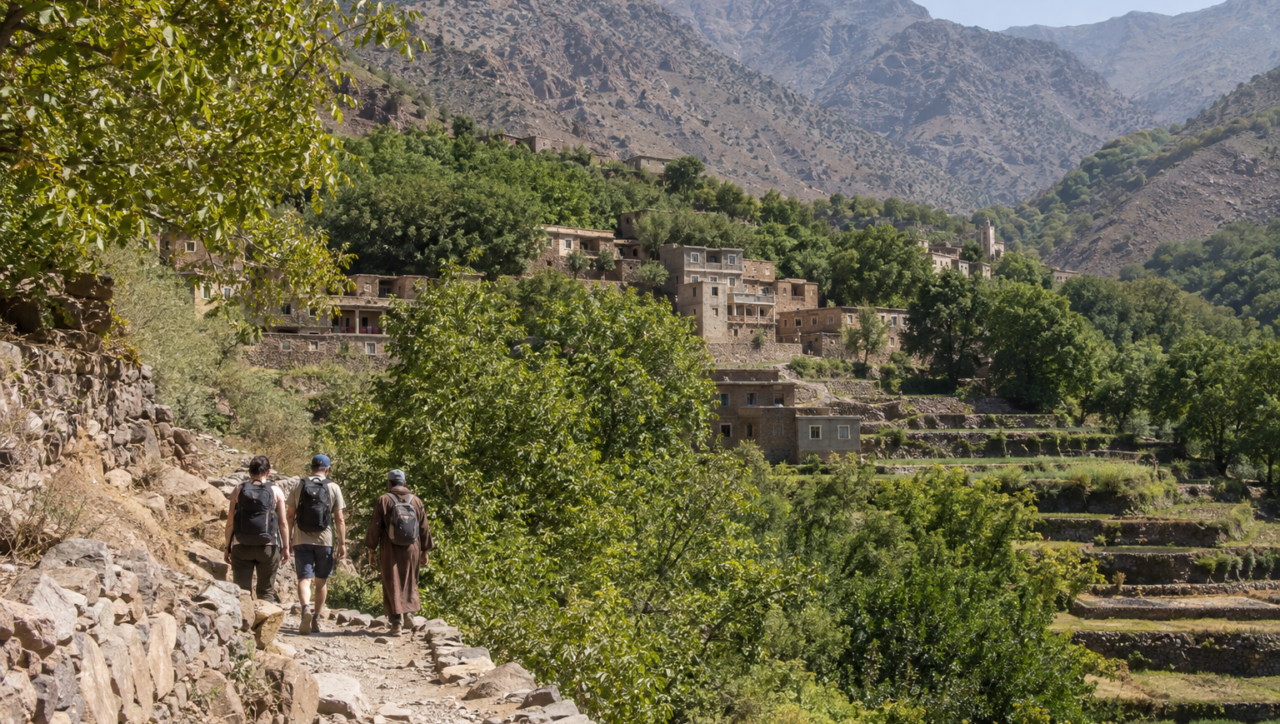 Travelers walking toward a mountain village in Morocco’s High Atlas