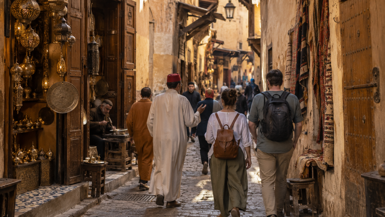 Visitors exploring the artisan streets of Fez medina with a local guide.
