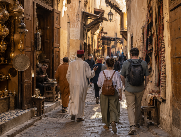 Visitors exploring the artisan streets of Fez medina with a local guide.