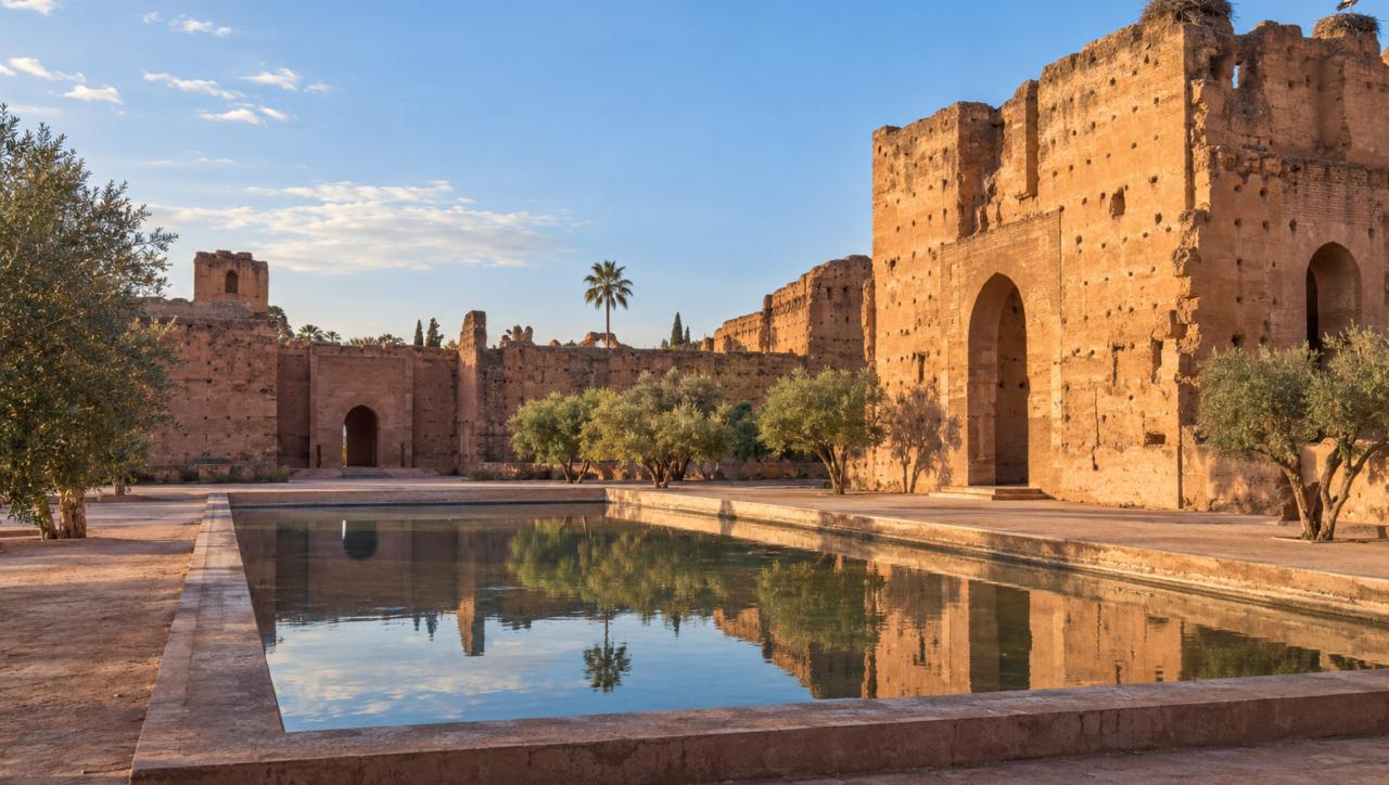 the ruins of El Badi Palace in Marrakech, with ochre walls and a reflecting pool